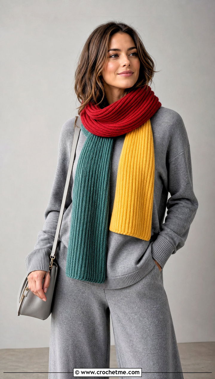 Ribbed Temperature Scarf With Monochrome Outfit - 30 crochet temperature scarf outfit ideas