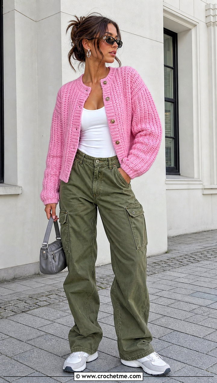 Ribbed Thick Yarn Crochet Cardigan With Cargo Pants - 25 Thick Yarn Crochet Cardigan outfit ideas