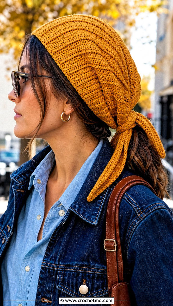 Ribbed Tie Crochet Bandana With Denim On Denim Outfit - 25 crochet bandana hair scarf outfit ideas