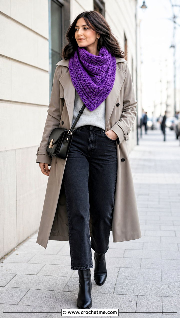 Ribbed Triangle Crochet Scarf With Trench Coat And Jeans - 15 One Skein Triangle Crochet Scarf outfit ideas