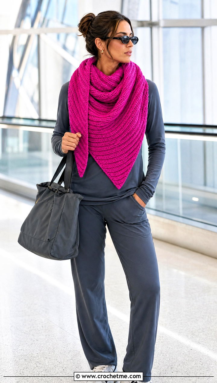Ribbed Triangle Crochet Shawl With Athleisure Set - 25 triangle crochet shawls outfit ideas