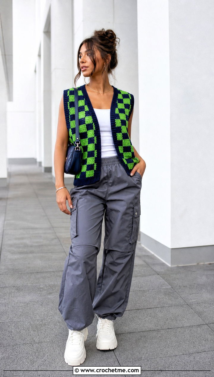 Ribbed Trim Checkered Crochet Vest With Cargo Pants - 15 Crochet Checkered Vest outfit ideas