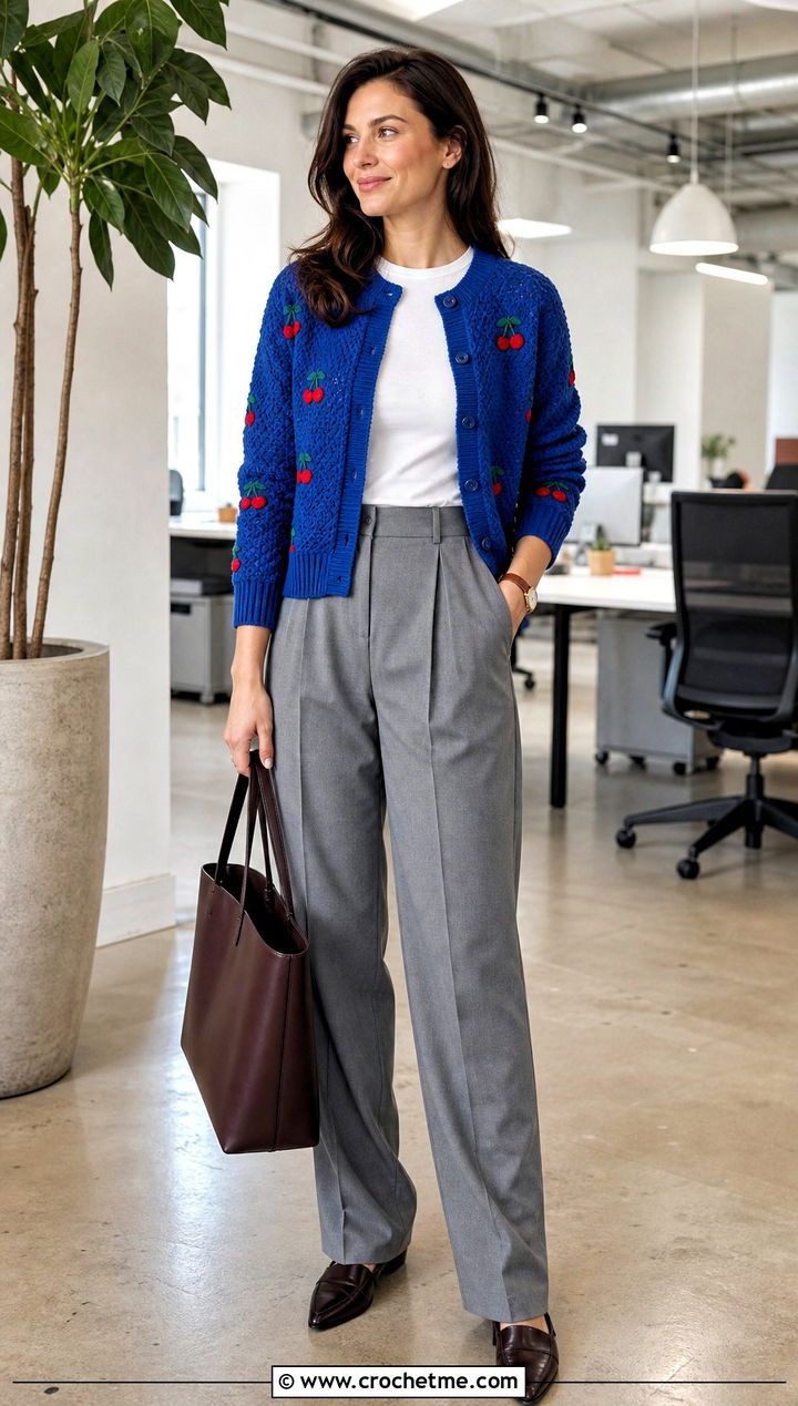 Ribbed Trim Cherry Cardigan With Pleated Trousers - 30 cherry crochet cardigan outfit ideas