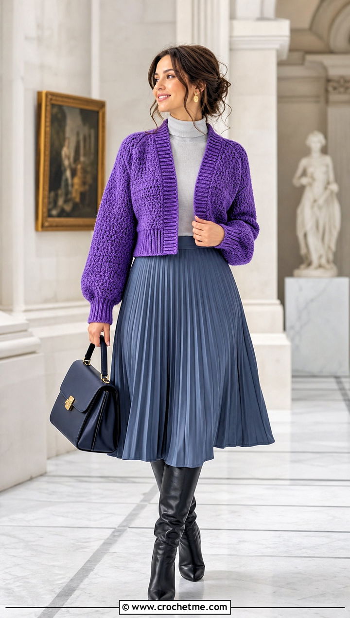 Ribbed Trim Chunky Crochet Crop Cardigan With Pleated Skirt - 25 Chunky Crochet Crop Cardigan outfit ideas