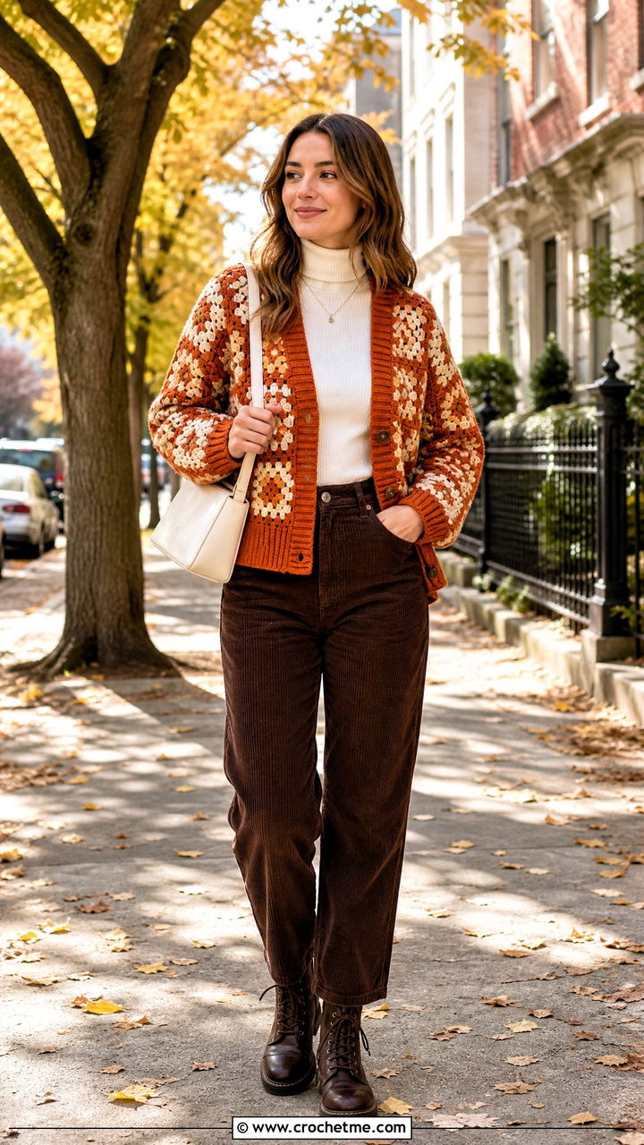 Ribbed Trim Chunky Granny Square Cardigan With Corduroy Pants - 35 Chunky Granny Square Cardigan outfit ideas