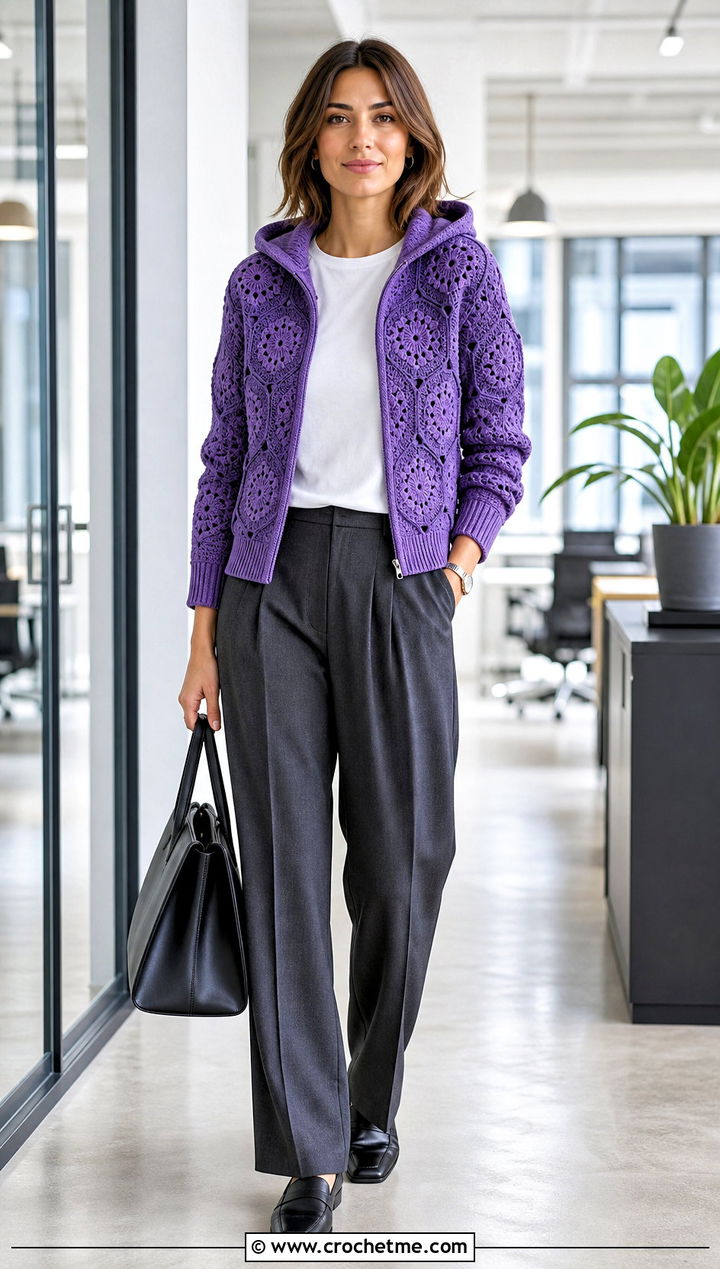 Ribbed Trim Crochet Hexagon Hoodie With Suit Pants - 30 crochet hexagon hoodie outfit ideas