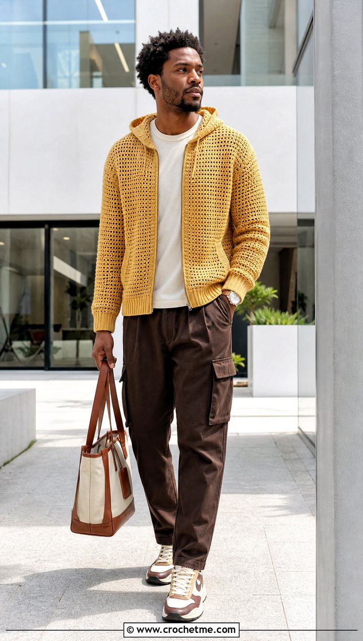 Ribbed Trim Crochet Hoodie With Pleated Cargo Pants - 30 Crochet Hoodies For Men outfit ideas