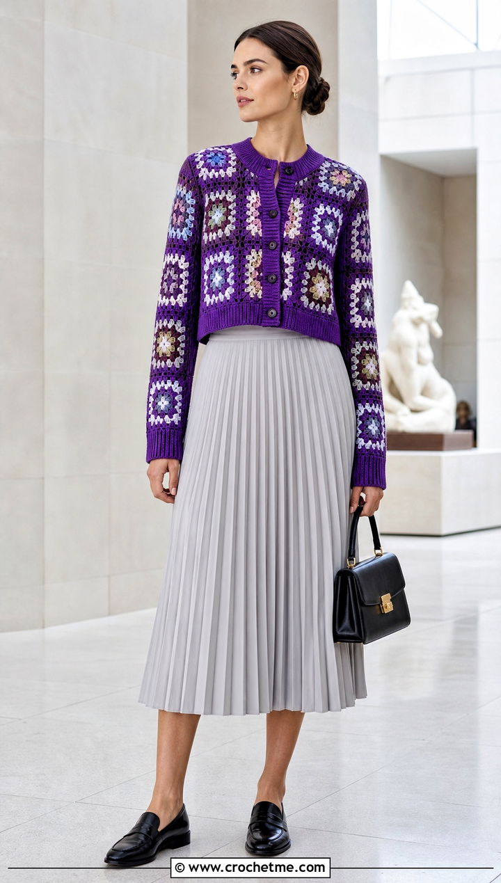 Ribbed Trim Cropped Granny Square Cardigan With Pleated Midi Skirt - 20 Cropped Granny Square Cardigan outfit ideas