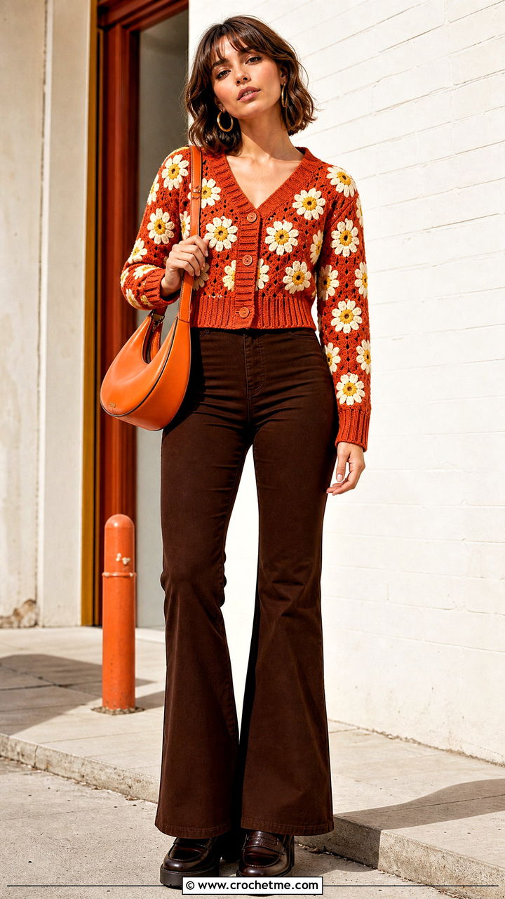 Ribbed Trim Daisy Cardigan With Flared Pants - 35 Crochet Daisy Cardigan outfit ideas