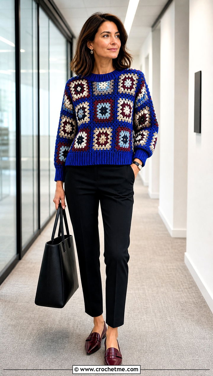 Ribbed Trim Giant Granny Square Sweater With Cigarette Pants - 30 giant granny square sweater outfit ideas