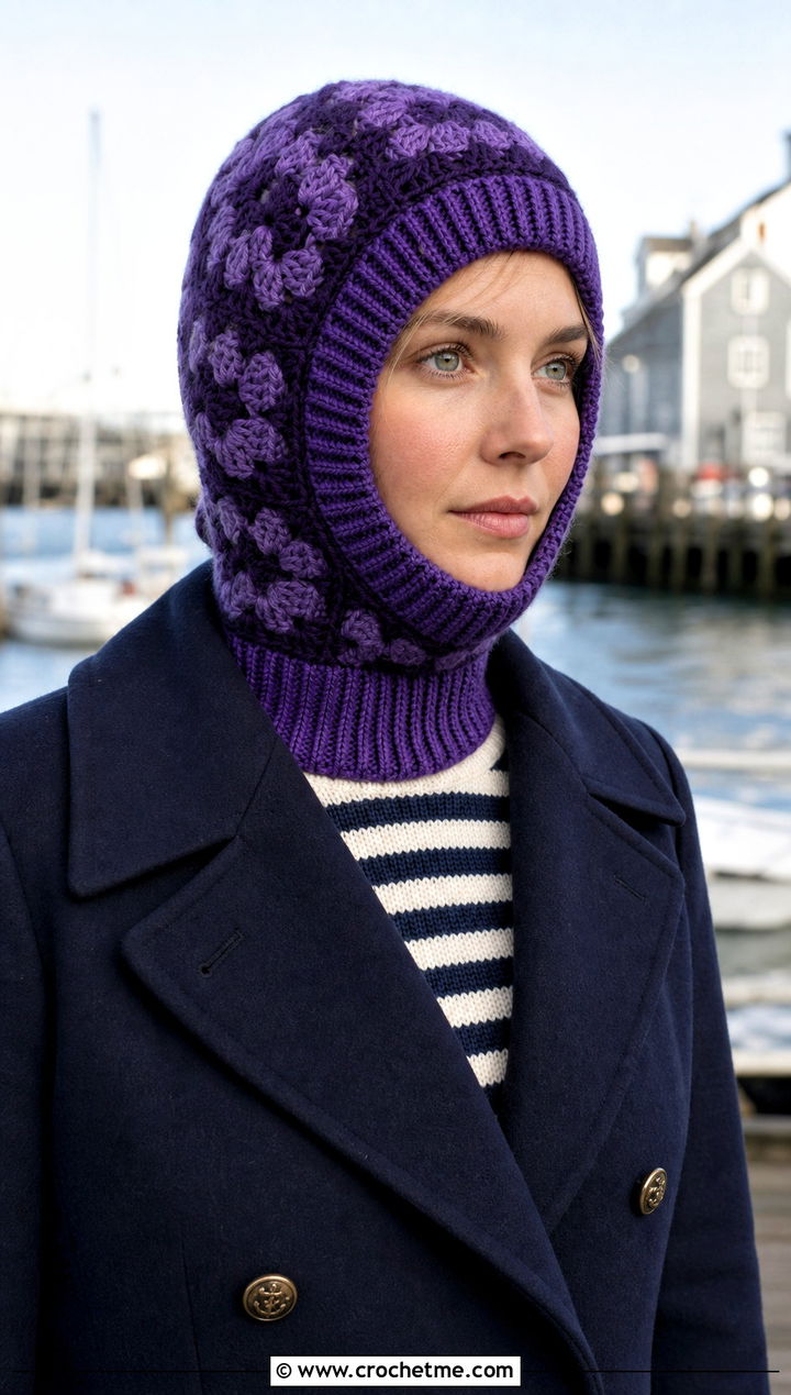 Ribbed Trim Granny Square Balaclava With Peacoat - 30 crochet granny square balaclava outfit ideas