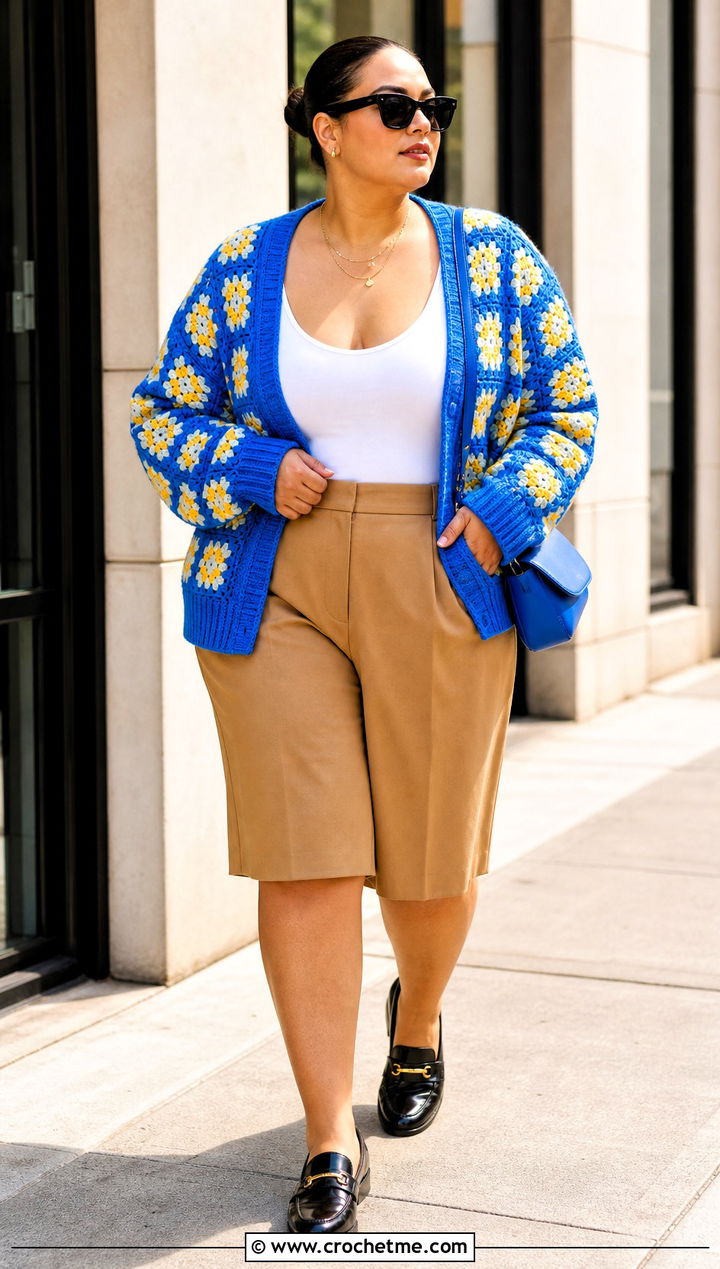 Ribbed Trim Granny Square Cardigan With Tailored Shorts - 30 plus size crochet granny square cardigan outfit ideas