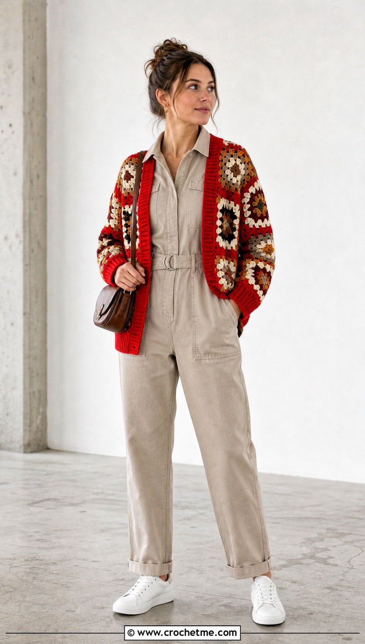 Ribbed Trim Granny Square Cardigan With Utility Jumpsuit - 35 granny square crochet cardigan jacket outfit ideas