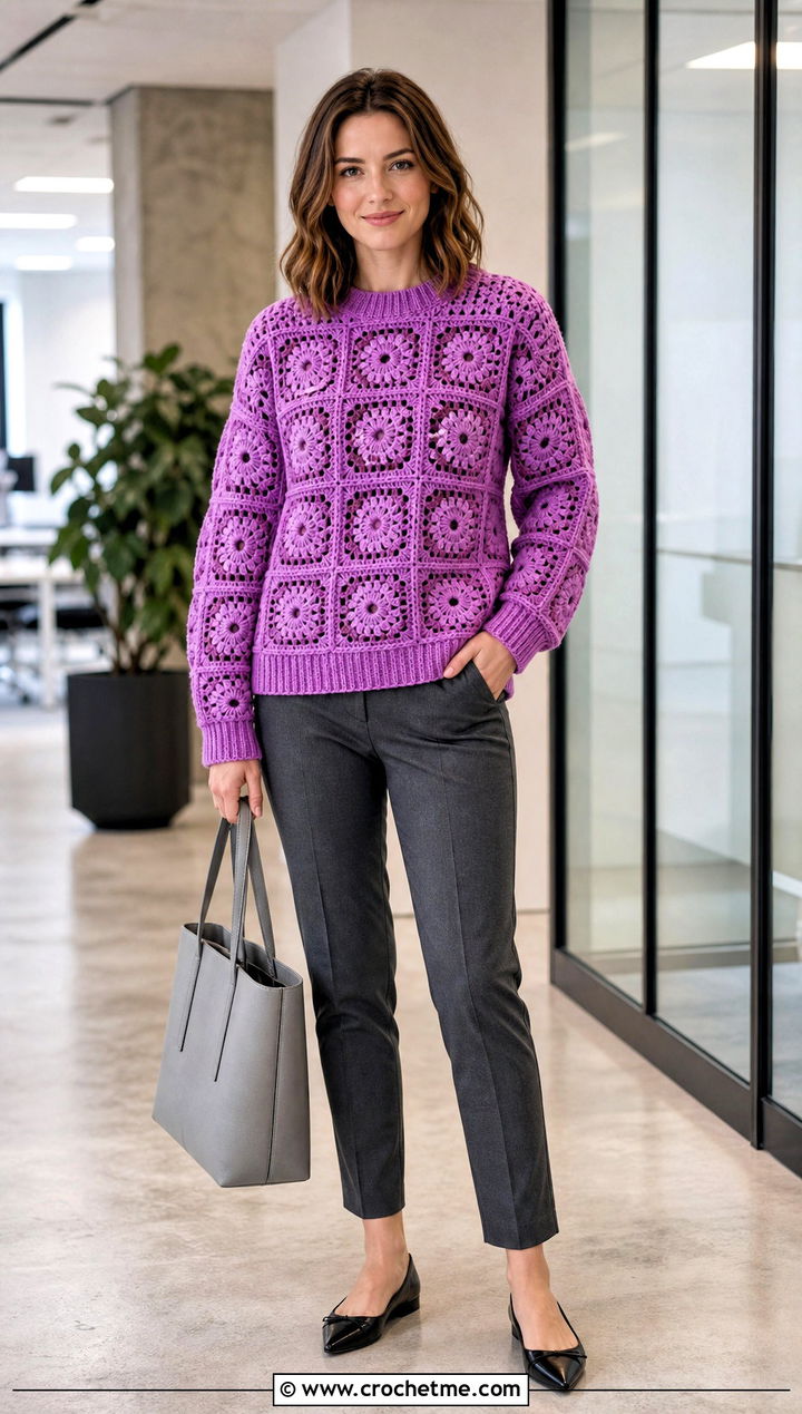 Ribbed Trim Granny Square Jumper With Cigarette Pants - 35 granny square jumper outfit ideas