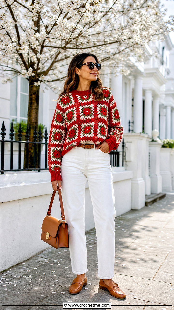 Ribbed Trim Granny Square Jumper With White Jeans - 35 crochet granny square jumper outfit ideas