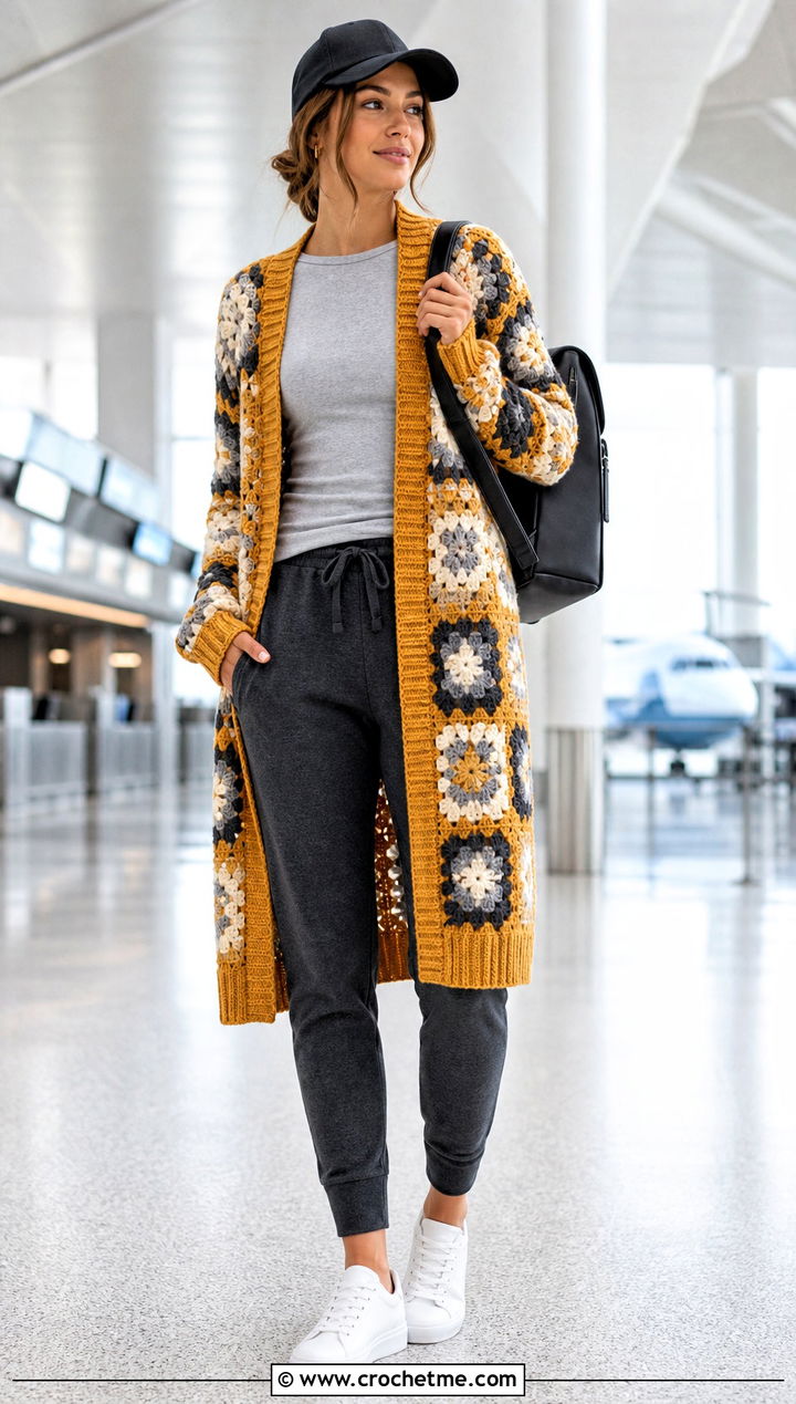 Ribbed Trim Granny Square Long Cardigan With Joggers - 25 granny square long cardigan outfit ideas