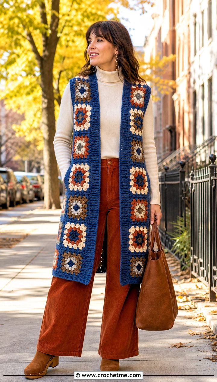 Ribbed Trim Granny Square Long Vest With Turtleneck And Corduroy Pants - 20 Granny Square Long Vest outfit ideas