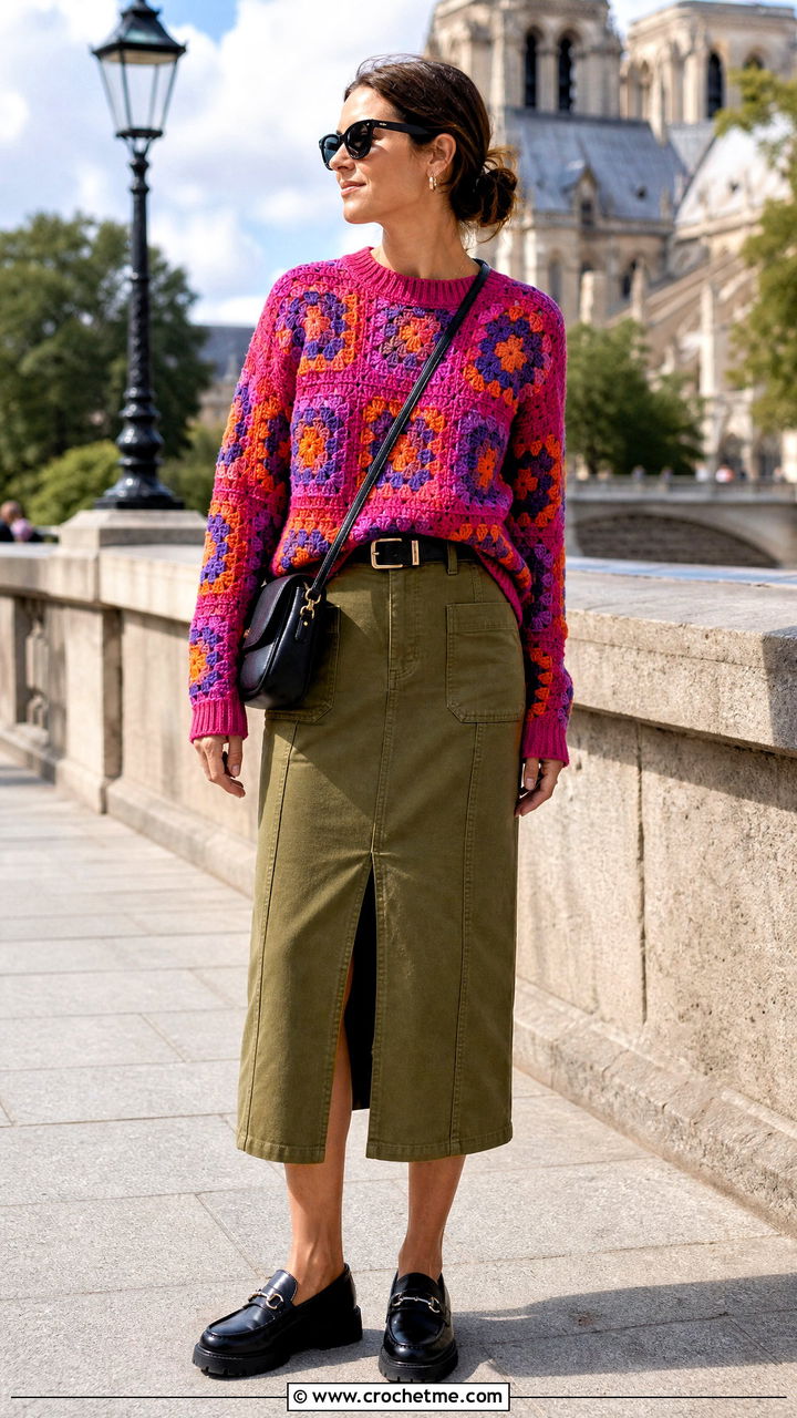 Ribbed Trim Granny Square Pullover With Utility Skirt - 35 crochet granny square pullover outfit ideas