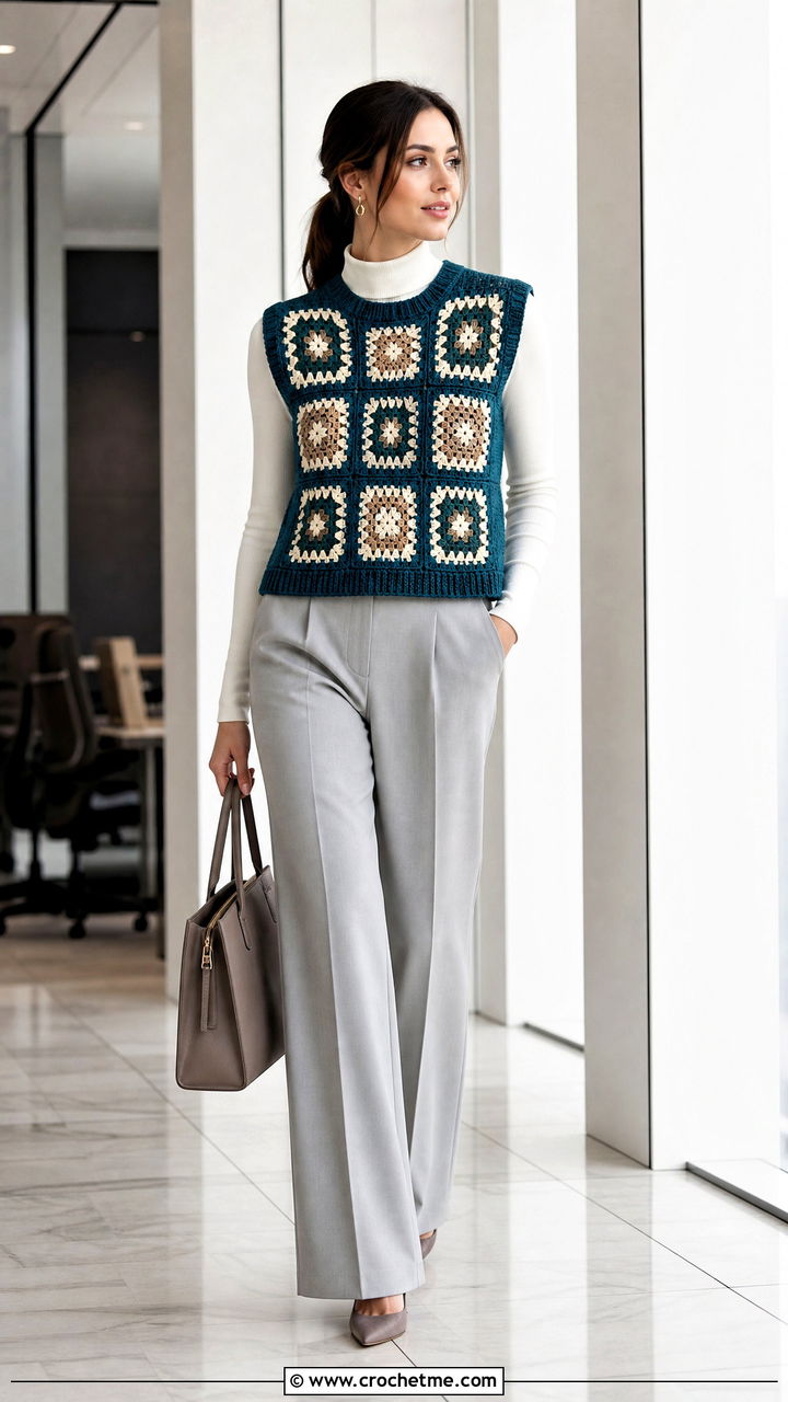 Ribbed Trim Granny Square Sweater Vest With Wide Leg Trousers - 35 granny square sweater vest outfit ideas