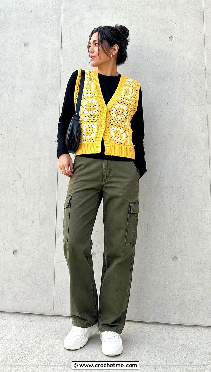 Ribbed Trim Granny Square Vest With Cargo Pants - 15 Crochet Granny Square Vest outfit ideas