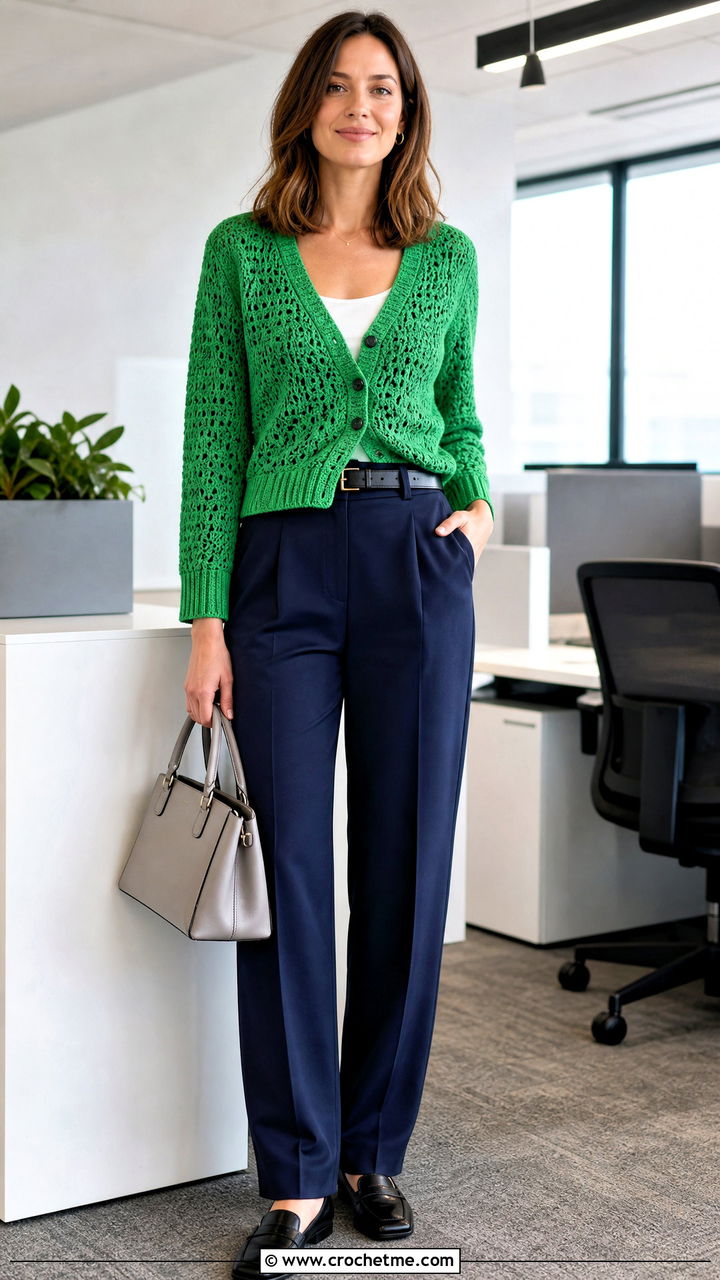 Ribbed Trim Hexagon Crochet Cardigan With Pleated Trousers - 35 hexagon crochet cardigan outfit ideas