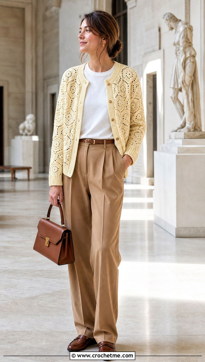 Ribbed Trim Hexi Crochet Cardigan With Pleated Trousers - 35 hexi crochet cardigan outfit ideas