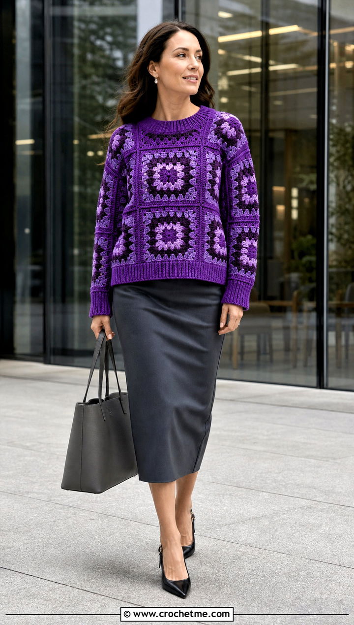 Ribbed Trim Large Granny Square Sweater With Pencil Skirt - 35 large granny square sweater outfit ideas
