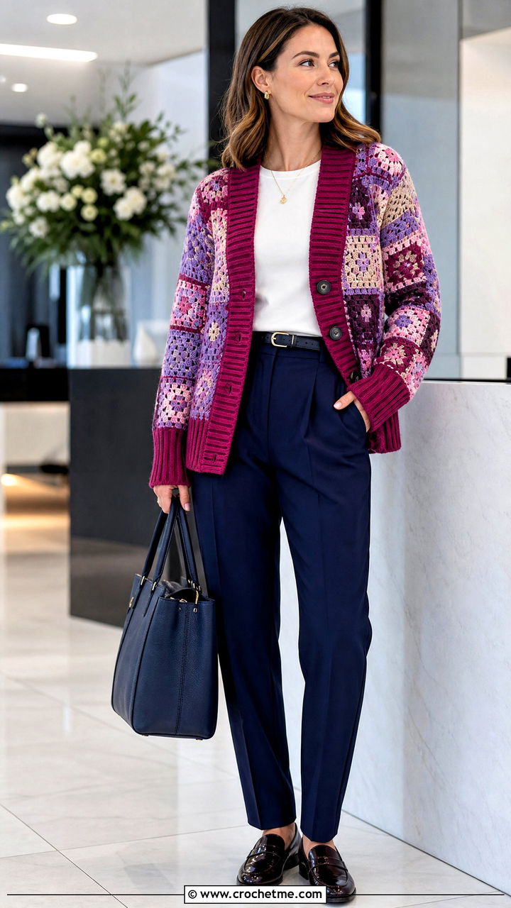 Ribbed Trim Patchwork Cardigan With Pleated Trousers - 35 crochet patchwork cardigan outfit ideas