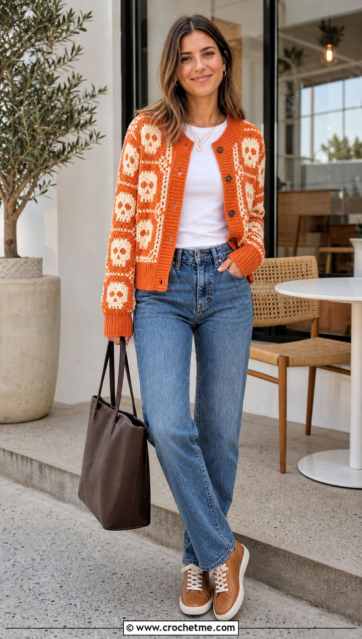 Ribbed Trim Skull Granny Square Cardigan With Straight Jeans - 30 skull granny square cardigan outfit ideas