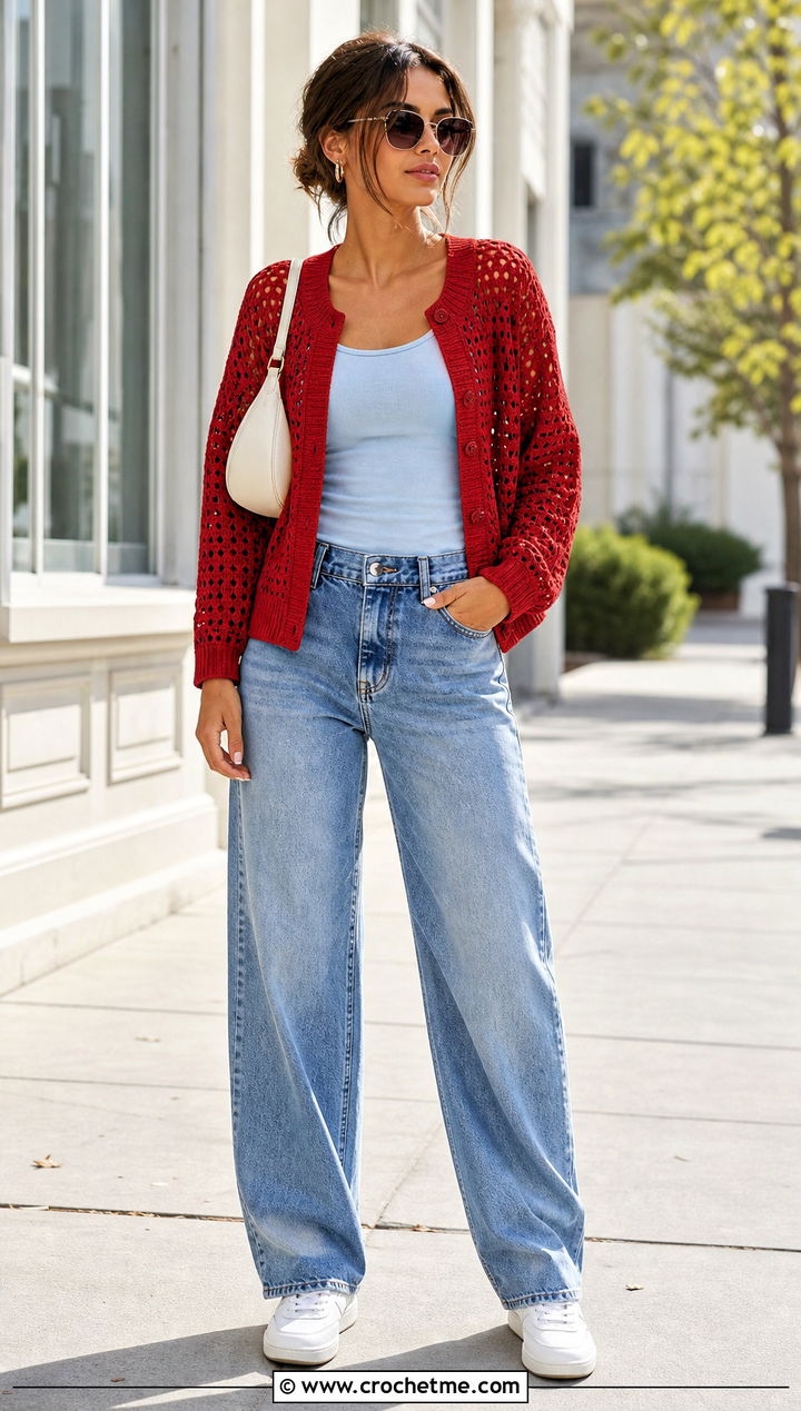 Ribbed Trim Top Down Crochet Cardigan With Barrel Jeans - 30 top down crochet cardigan outfit ideas