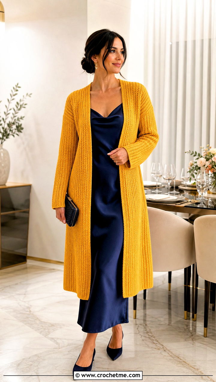 Ribbed Tunisian Cardigan With Slip Dress - 35 tunisian crochet cardigan outfit ideas
