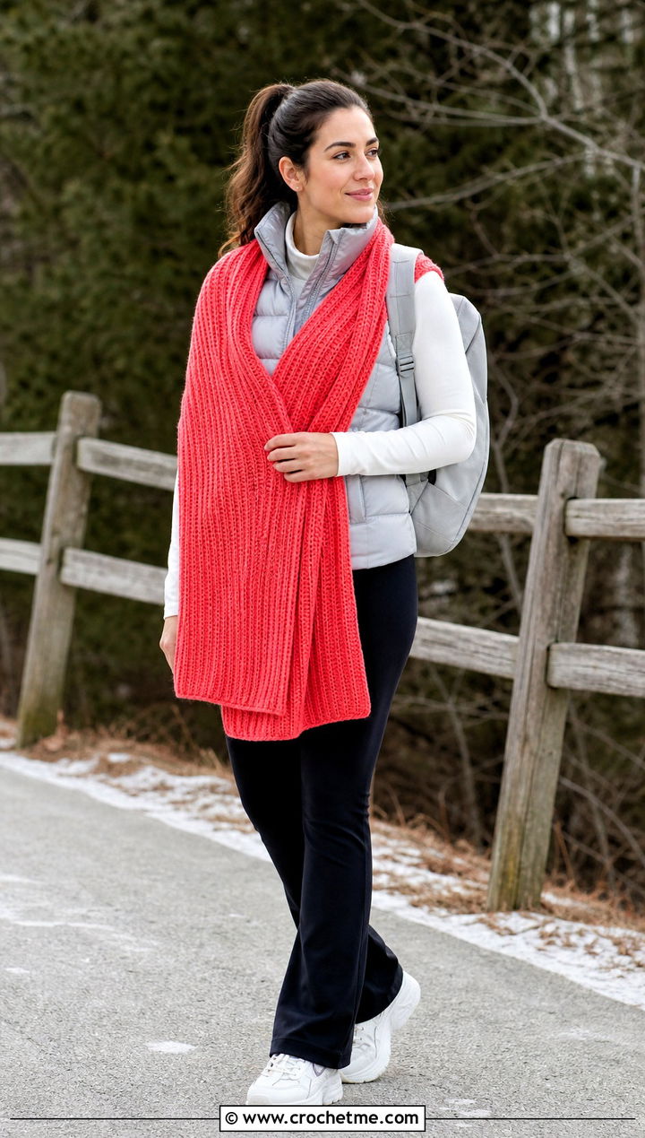 Ribbed Tunisian Crochet Wrap With Puffer Vest And Flared Leggings - 25 Tunisian Crochet Wrap outfit ideas