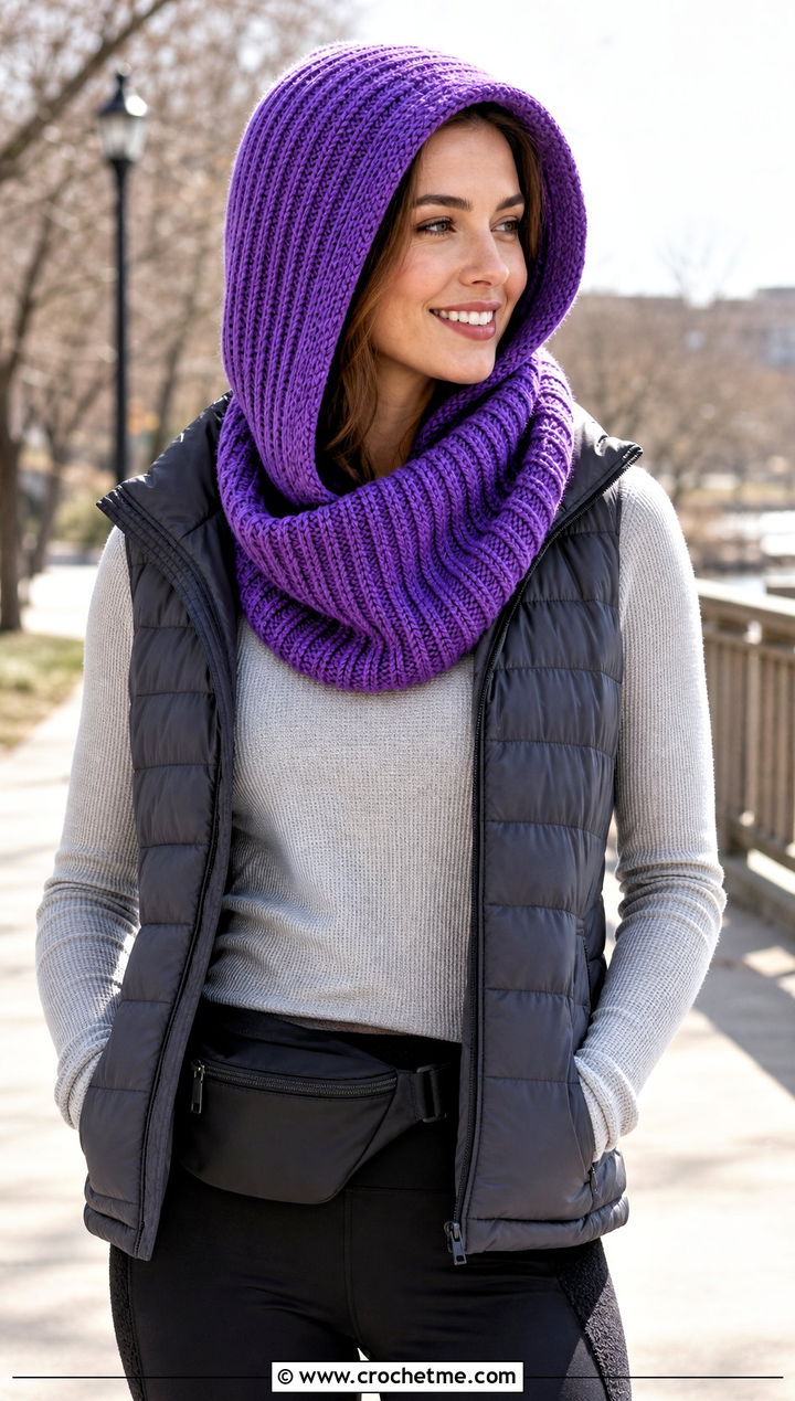 Ribbed Tunisian Hooded Cowl With Puffer Vest - 15 Tunisian Crochet Hooded Cowl outfit ideas