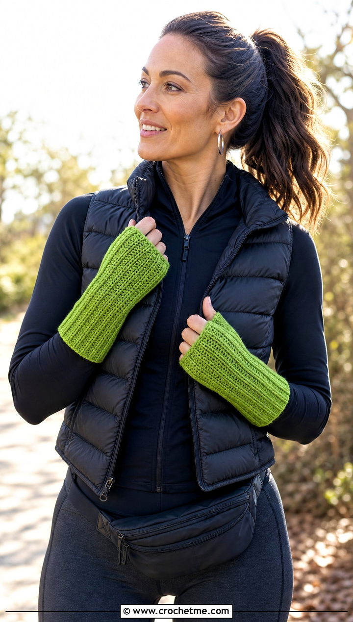 Ribbed Tunisian Purl Wrist Warmers With Athleisure - 15 Tunisian Crochet Wrist Warmers outfit ideas