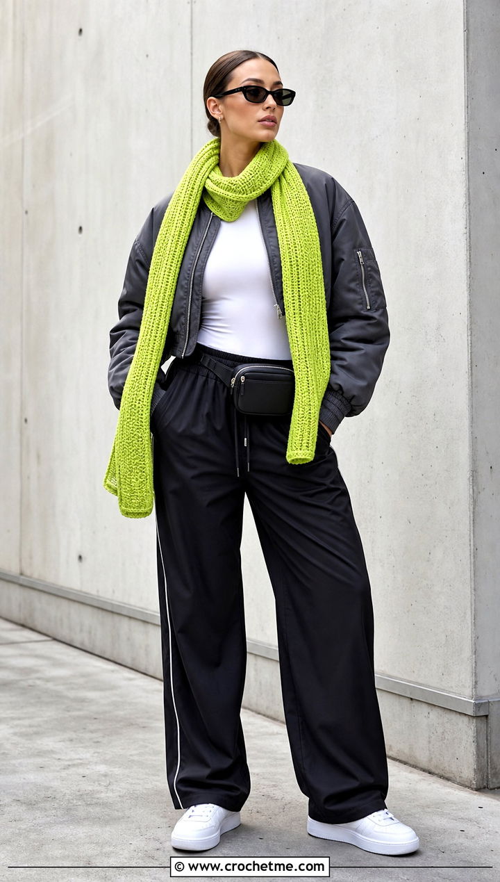Ribbed Tunisian Shawl With Track Pants - 35 tunisian crochet shawl outfit ideas