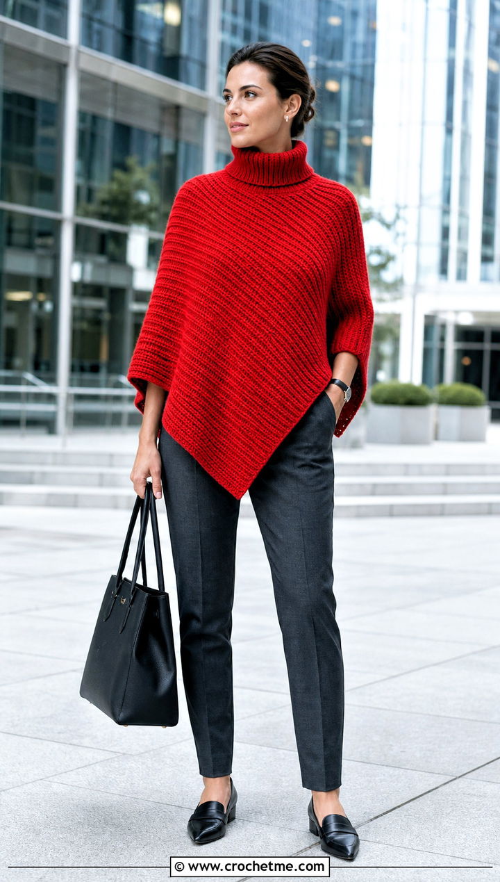 Ribbed Turtleneck Crochet Poncho Sweater With Tailored Trousers - 35 crochet poncho sweater outfit ideas