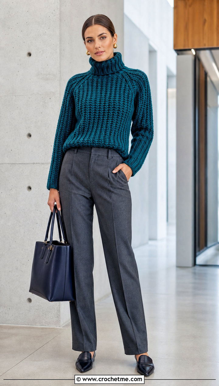 Ribbed Turtleneck Crochet Sweater With Tailored Trousers - 25 chunky yarn crochet sweater outfit ideas