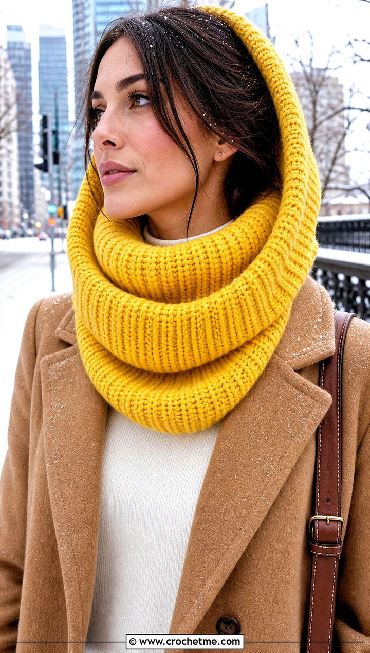 Ribbed Turtleneck Hooded Crochet Cowl Snood With Wool Coat - 25 hooded crochet cowl snood outfit ideas