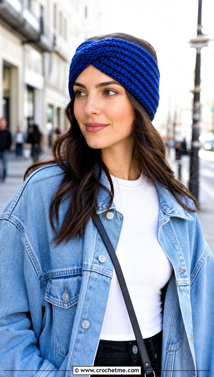 Ribbed Twist Crochet Ear Warmer With Denim Jacket - 25 twist crochet ear warmer outfit ideas
