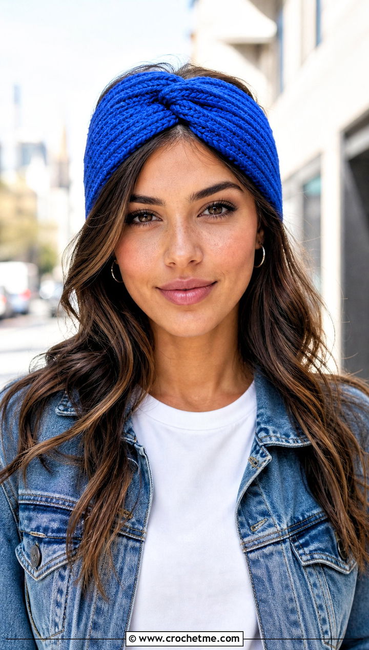Ribbed Twisted Knot Crochet Headband With Denim Jacket - 15 Twisted Knot Crochet Headband outfit ideas