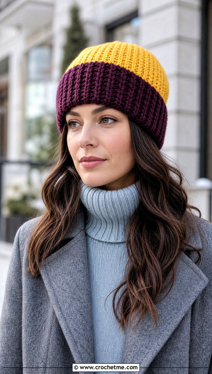 Ribbed Two Color Crochet Beanie With Wool Coat - 30 Two Colors Crochet Hat outfit ideas