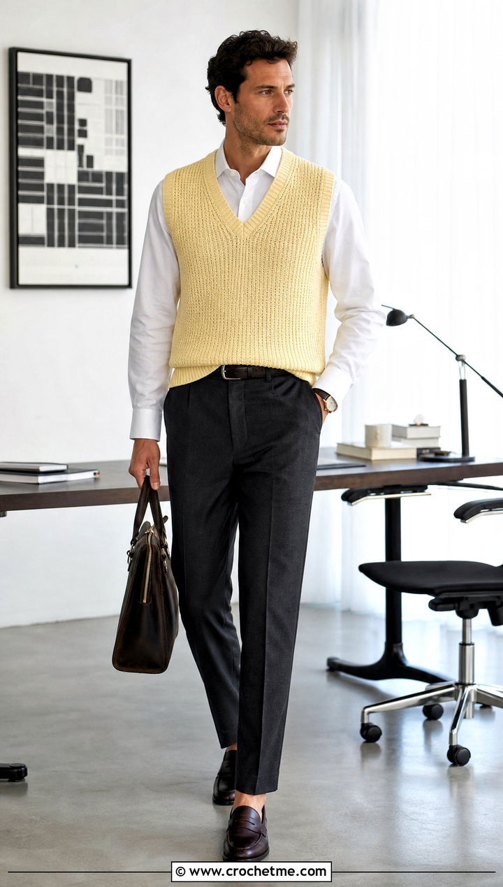 Ribbed V Neck Crochet Vest With Dress Shirt And Suit Pants - 30 mens crochet vest outfit ideas