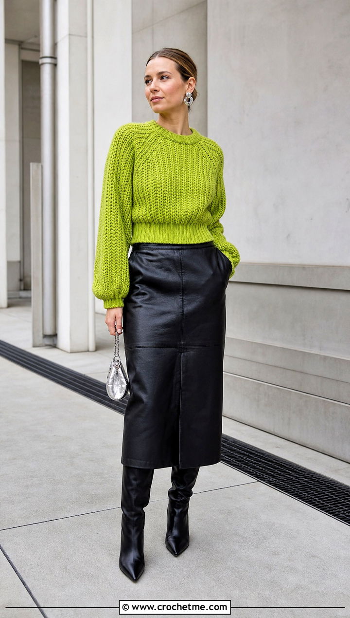 Ribbed Velma Crochet Sweater With Leather Midi Skirt - 15 Velma Crochet Sweater outfit ideas