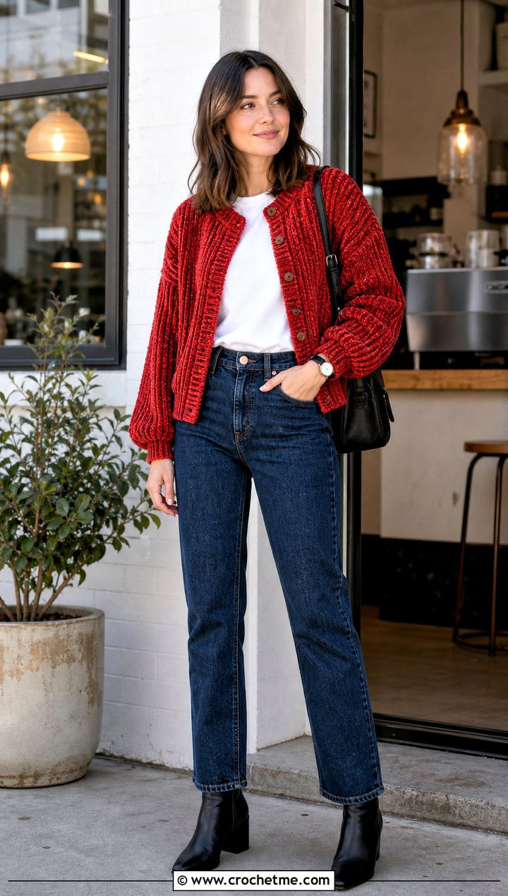Ribbed Velvet Crochet Cardigan With Straight Leg Jeans - 15 velvet crochet cardigan outfit ideas