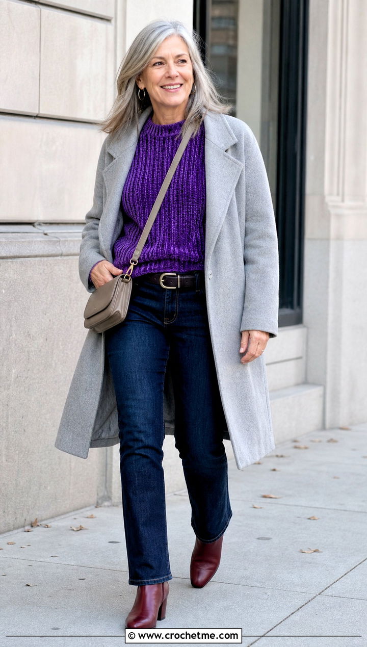 Ribbed Velvet Crochet Sweater With Straight Jeans - 30 velvet crochet sweater outfit ideas