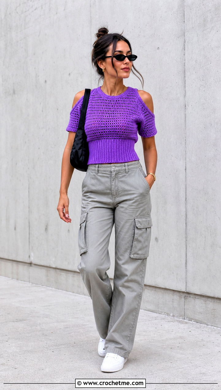 Ribbed Waist Crochet Cold Shoulder Top With Cargo Pants - 35 crochet cold shoulder top outfit ideas
