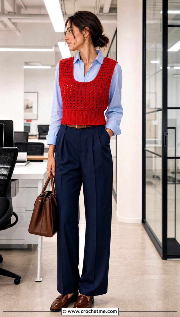 Ribbed Waist Open Back Crochet Vest With Pleated Trousers - 15 crochet open back vest outfit ideas