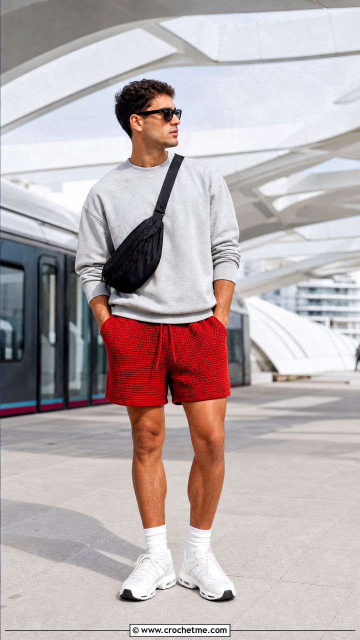 Ribbed Waistband Crochet Mens Shorts With Sweatshirt - 35 Crochet Mens Shorts outfit ideas