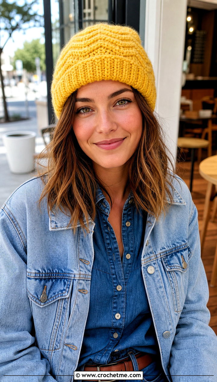 Ribbed Wave Crochet Beanie With Double Denim - 20 Wavy Crochet Beanie outfit ideas