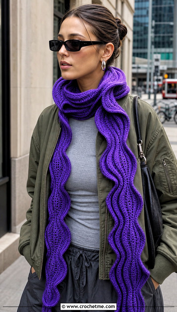 Ribbed Wave Crochet Scarf With Bomber Jacket and Parachute Pants - 25 wavy crochet scarf outfit ideas